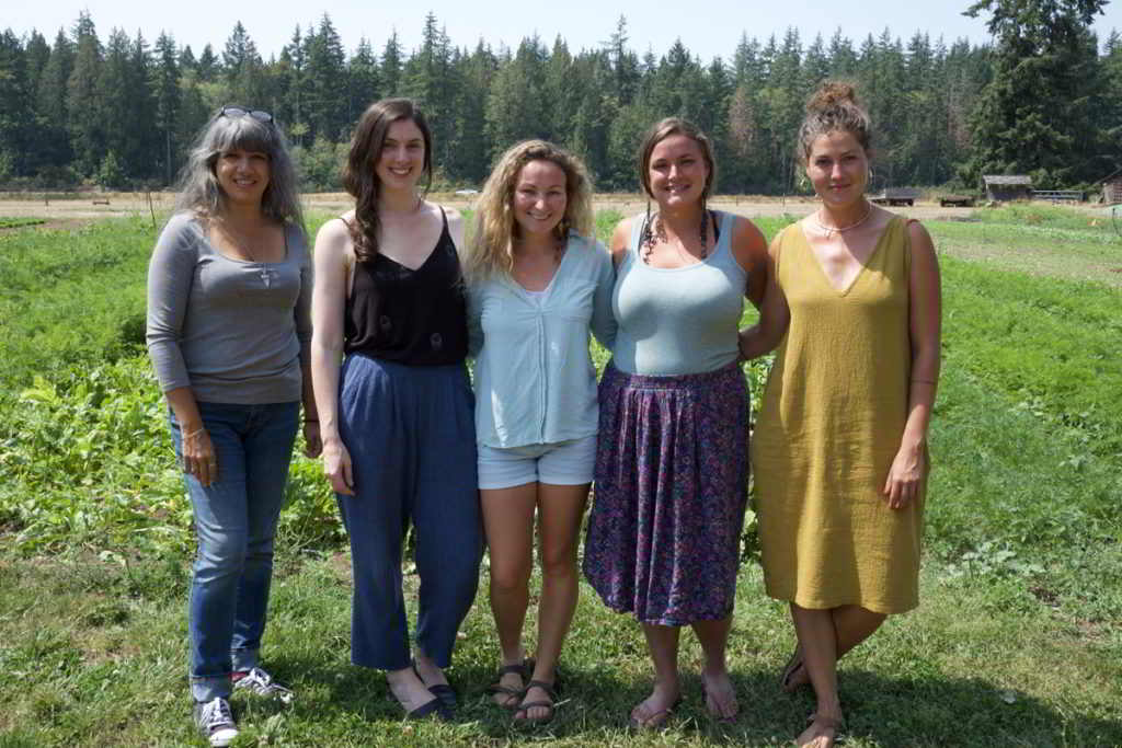 Young Agrarians Land Matchers Susheela, Darcy, Azja, Hailey, Tessa standing in a farm field