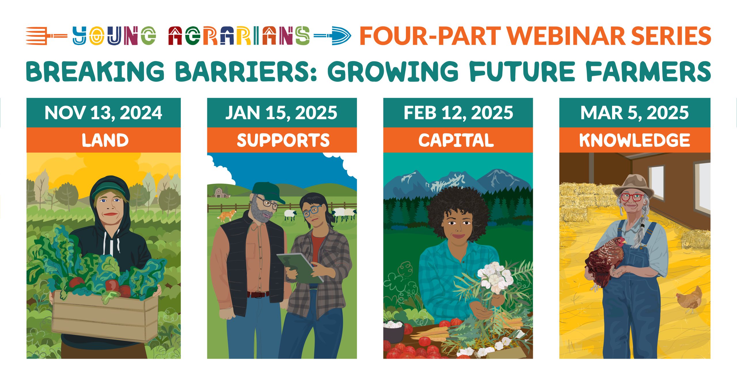 Four illustrated farmer vignettes with dates and times of the four webinars.