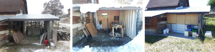 There was initially an uninsulated shed on the property, totally open to the outdoors on one side, and with windows on the opposite wall. The windows were almost entirely covered up with plywood, and a wall was built to seal off the open side of the shed, with a door installed in it.