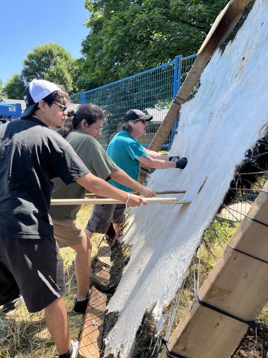 Three people stand and work the hide together, they are a family, two teenage children and their care-giver parent. They are focused and working together, the two youth with long dowels the size of broomsticks, applying pressure to soften the bison hide they are working, the adult working with fisted hands.